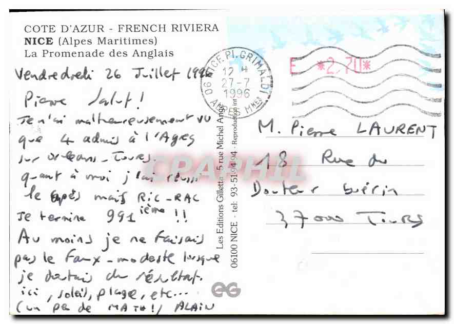 CPM Cote d'Azur French Riviera Nice Alpes Maritimes La Promenade des Anglais  — Rückseite