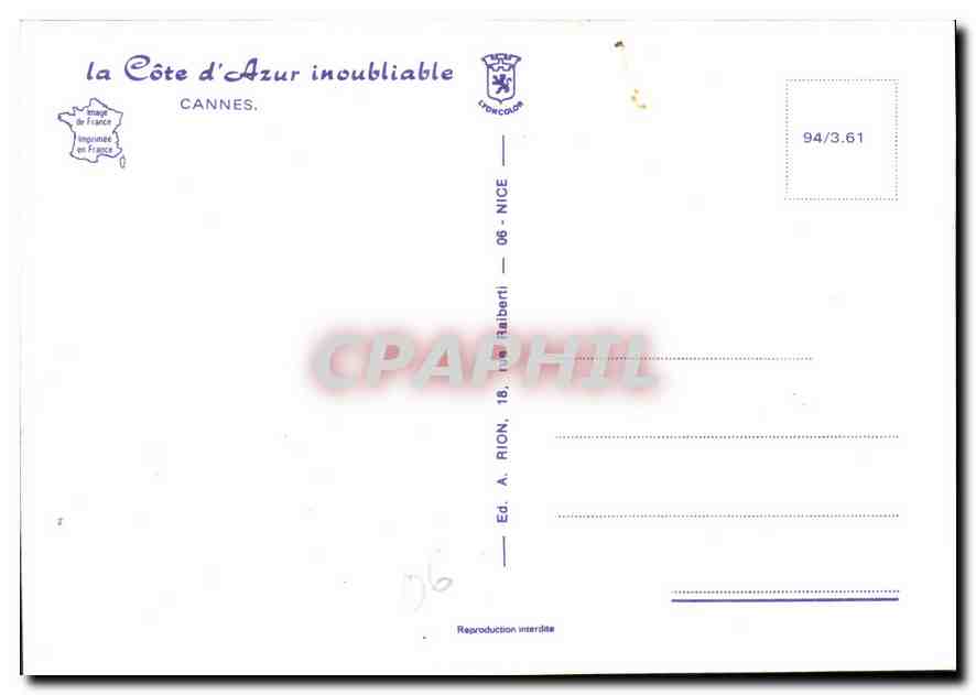 CPM La Cote d'Azur Inoubliable Cannes  — Verso