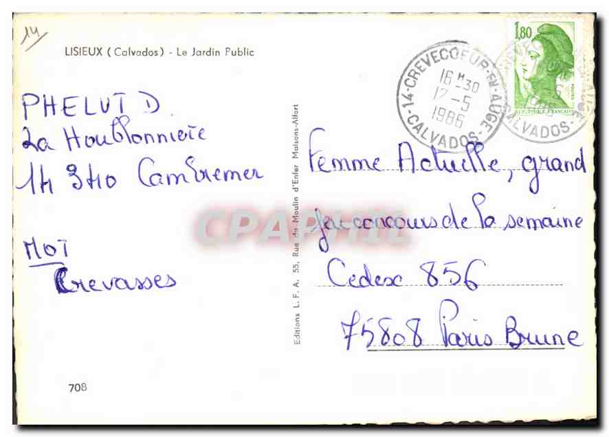 Lisieux (Calvados) - Le Jardin Public — Éditions L.F.A. Moulin d'Enfer, n° 708 — Reverso