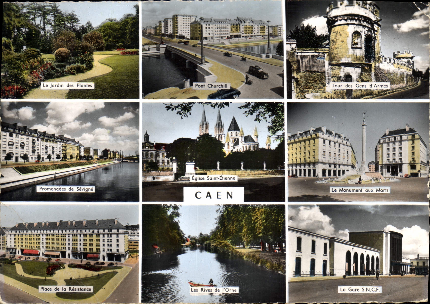 Caen — Vue panoramique avec Jardin des Plantes, Pont Churchill, Tour des Gens d'Armes, Église Saint-Étienne, Monument aux Morts, Rives de l'Orne et Gare S.N.C.F.