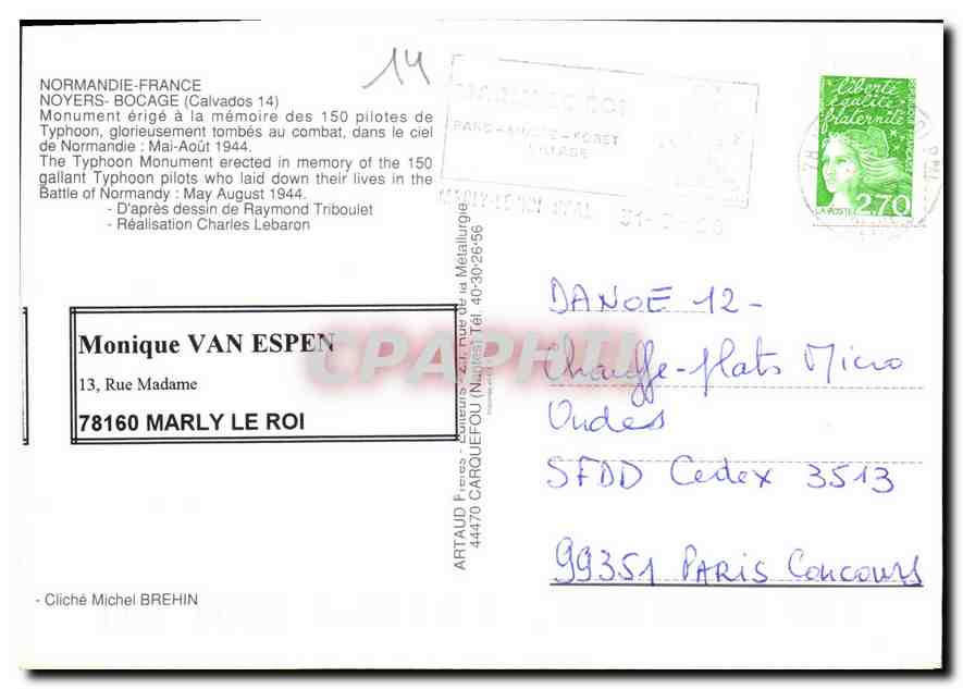 CPM Normandie France Noyers Bocage Calvados Monument erige a la memoire des pilotes de Typhoon — Verso