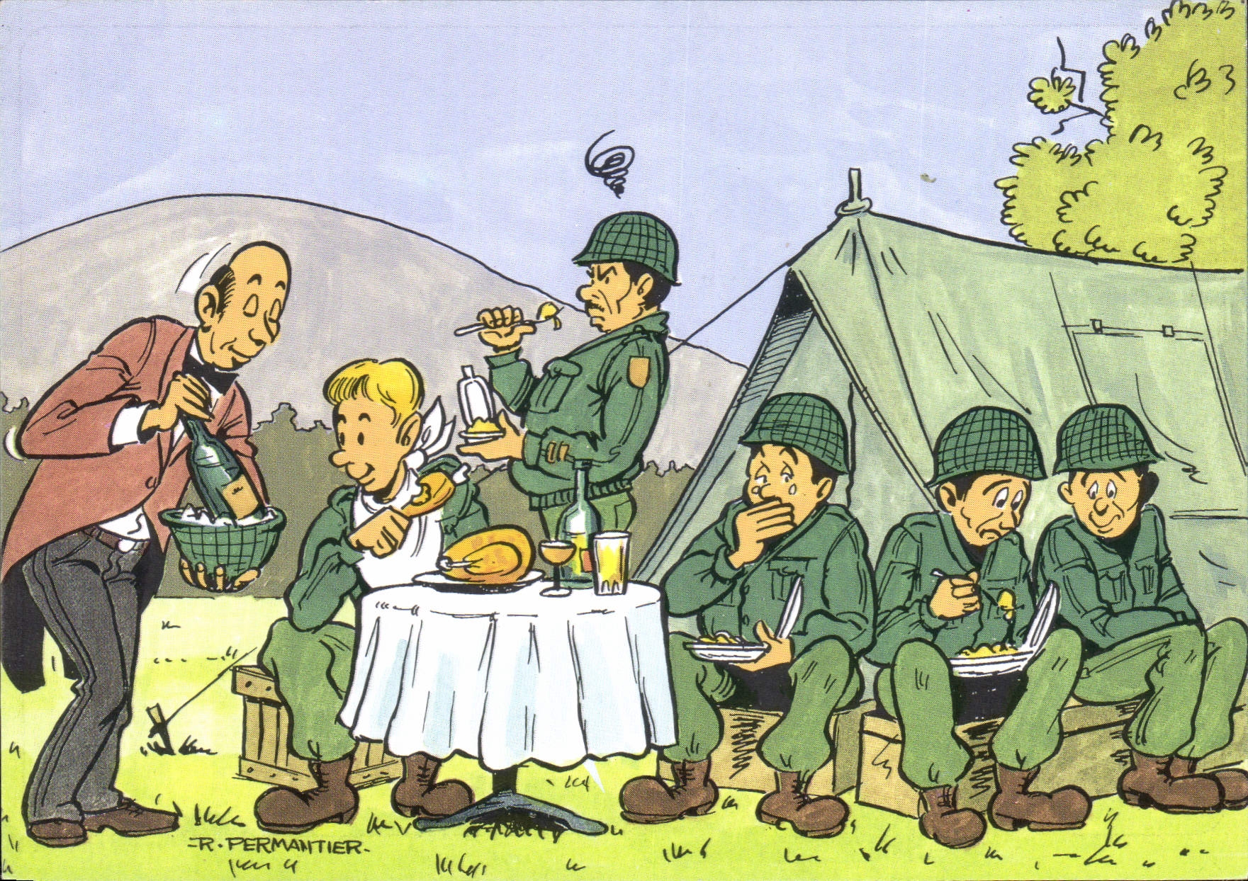 Soldats en campement — repas en plein air — dessin de R. Pérmantier