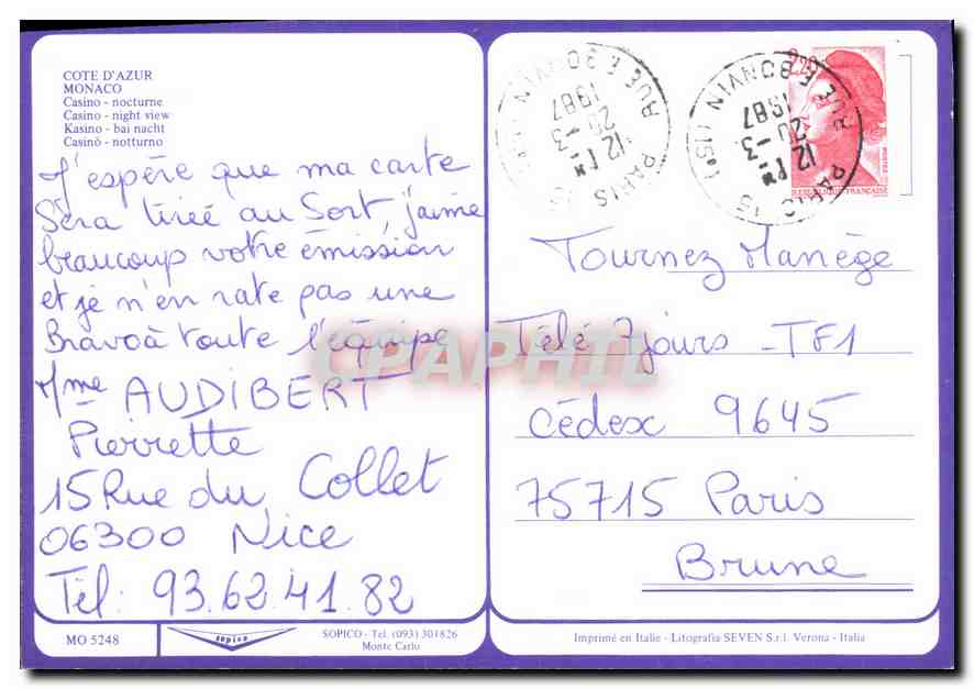 CPM Cote d'Azur Monaco Casino nocturne  — Rückseite