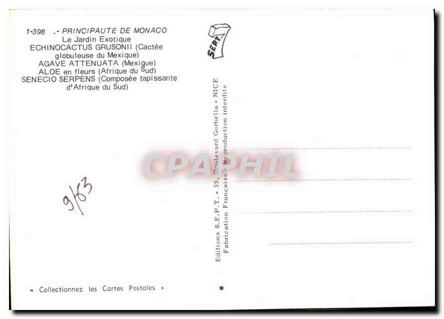 Jardin Exotique — Principauté de Monaco — Éditions S.E.P.T. - 35, Boulevard Gorbella — Verso