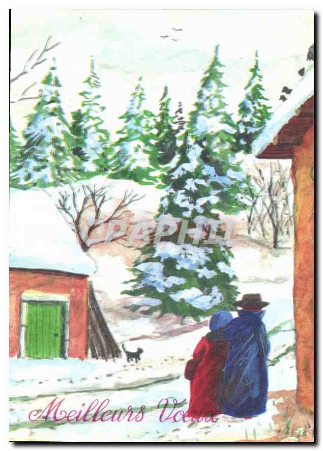 Scène hivernale avec couple et chat — Meilleurs Vœux — Éditées par auteurs et artistes handicapés indépendants