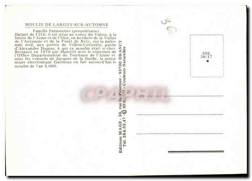 CPA Moulin de Largny sur Automne Famille Parmentier Proprietaire detant de 1516 il est situe au coeu — Rückseite
