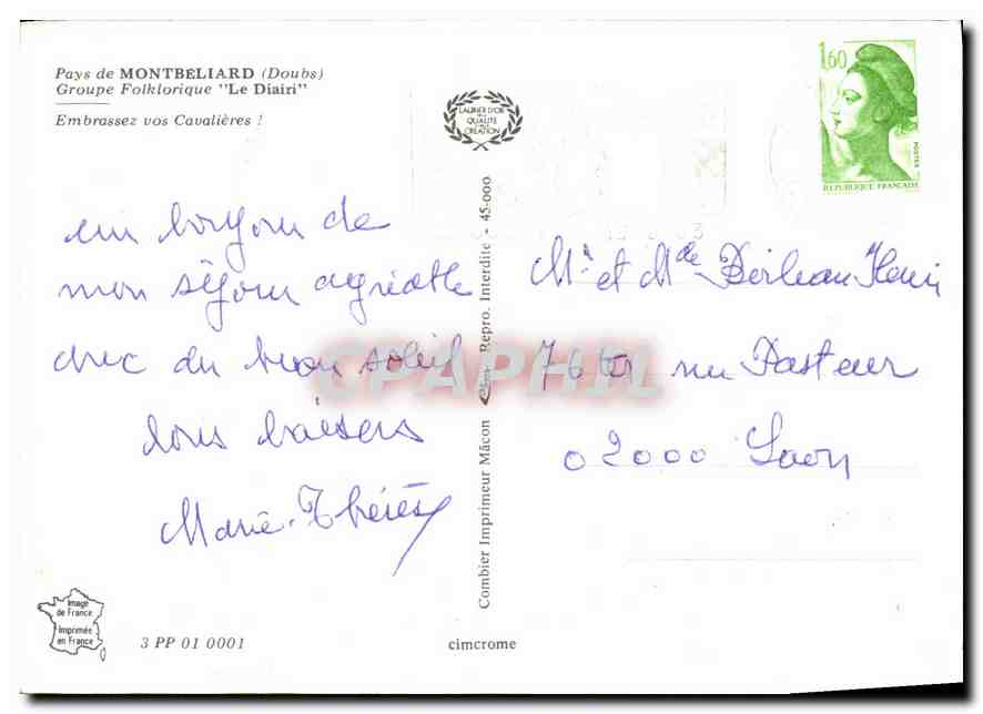 CPA Pays de Montbeliard Doubs Groupe Folklorique le Diairi Embrassez vos Cavalieres  — Rückseite
