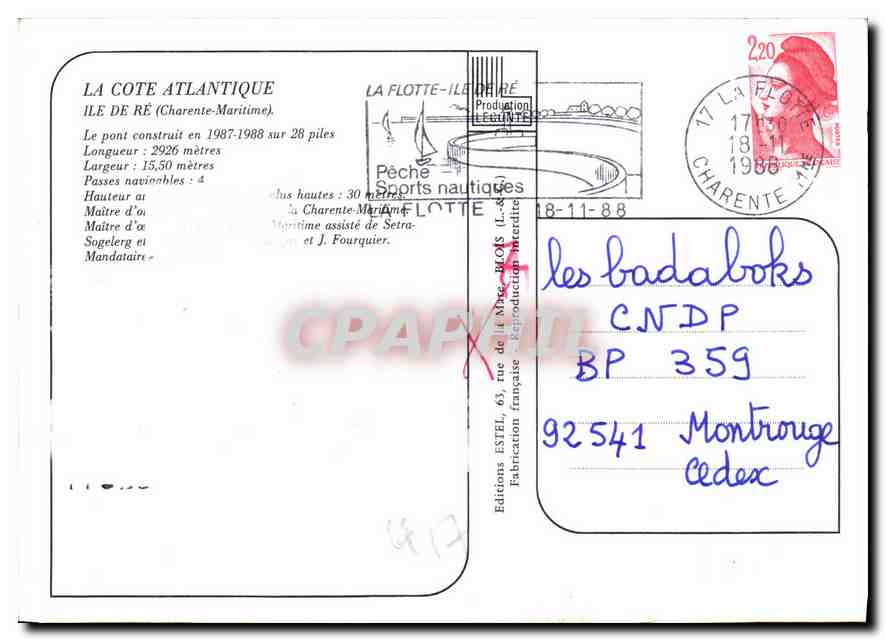 CPM La Cote Atlantique Ile de re Charente Maritime le Pont construit en 1987 1988 sur 28 Piles  — Rückseite