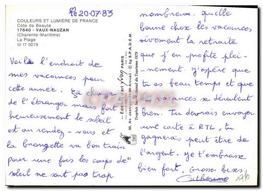 CPM Cote de Beaute Vaux Nauzan Charente Maritime la Plage  — Rückseite