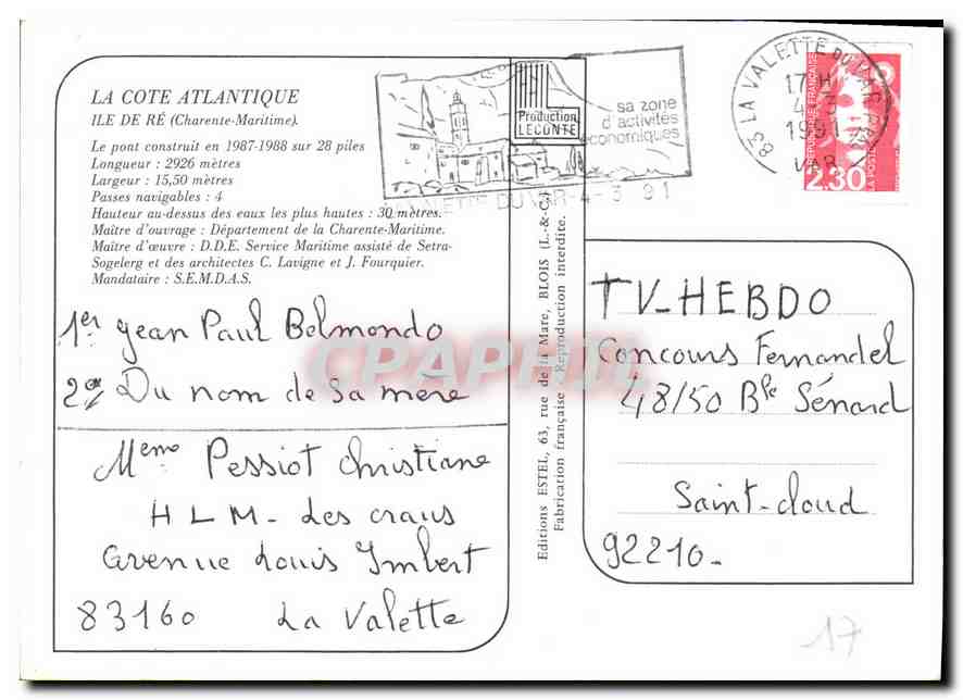 CPM La Cote Atlantique Ile de Re Charente Maritime le pont construit en 1987 1988 sur 28 piles  — Back