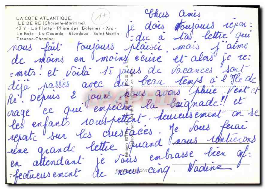 CPM La Cote Atlantique Ile de re Charente Maritime la Flotte Phare des Baleines Ars le Bois la Couar — Rückseite