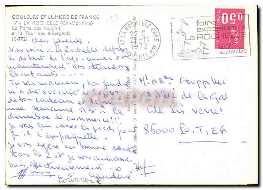CPM La Rochelle Ch Maritime la Porte des Moulins et la tour des 4 Sergents  — Verso