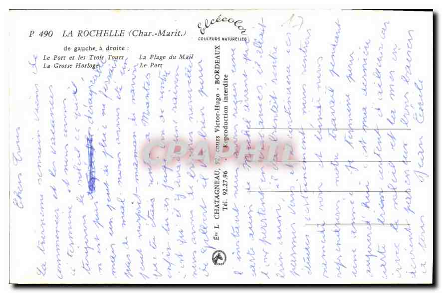 CPM La Rochelle Char Marit de gauche a droite le Port et les trois tours la Plage du Mail la grosse  — Verso