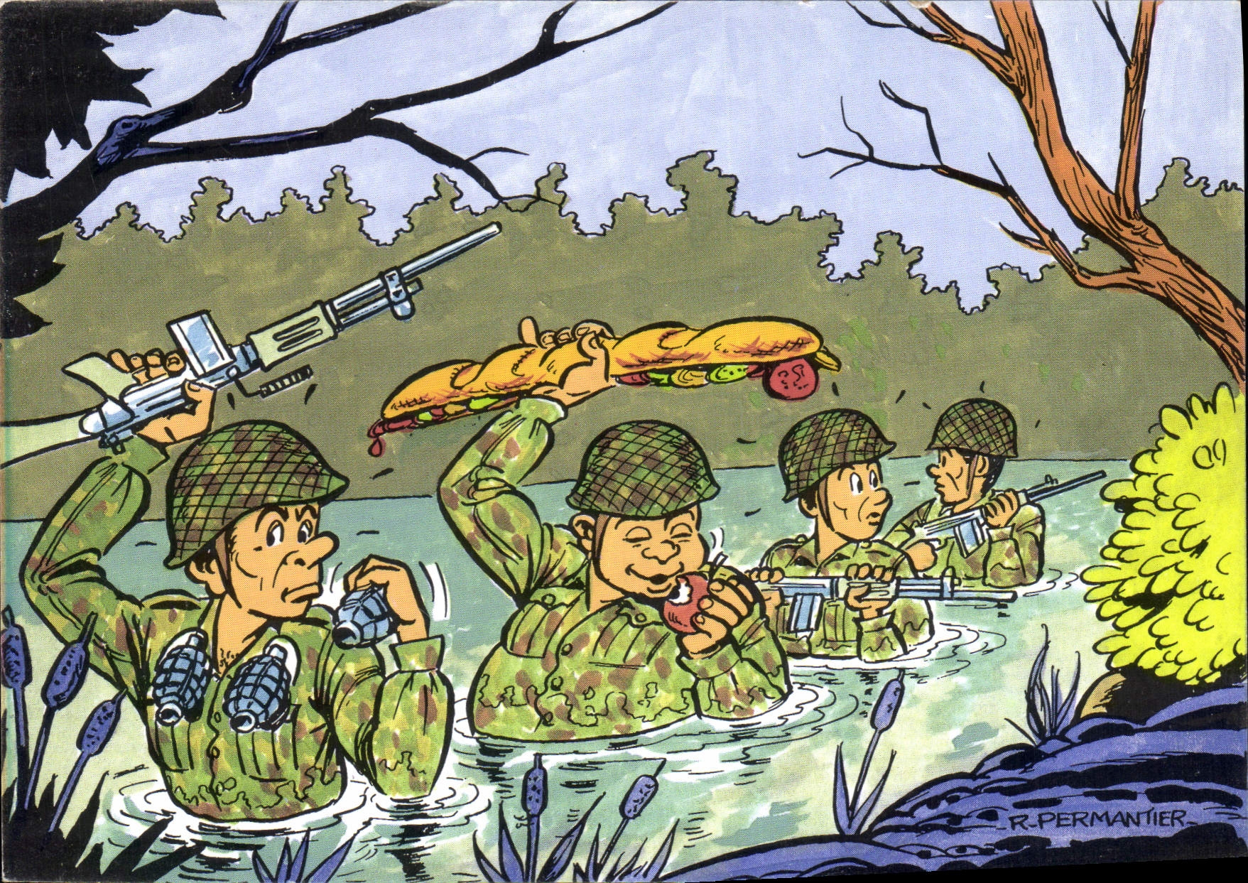 Soldats en forêt — caricature militaire — R. Permantier, n°9