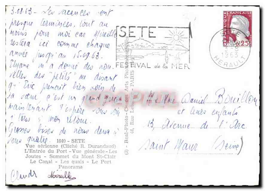 CPM Sete vue aerienne Cliche R Durandaud l'Entree du port vue generale les Joutes Sommet du Mont St  — Back