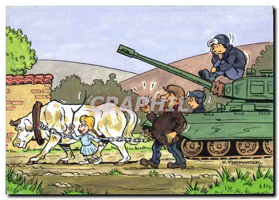 Enfant et vache tirant un char d'assaut — dessin de R. Permantier — CPAPHIL N° 14