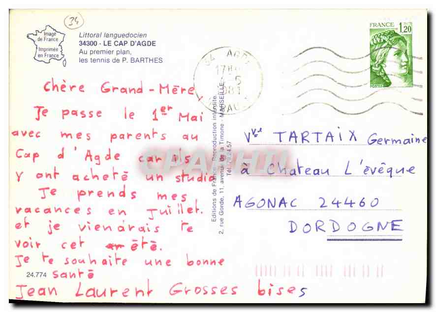 Cap d'Agde — vue aérienne du port et des installations de tennis — Éditions de France — Rückseite