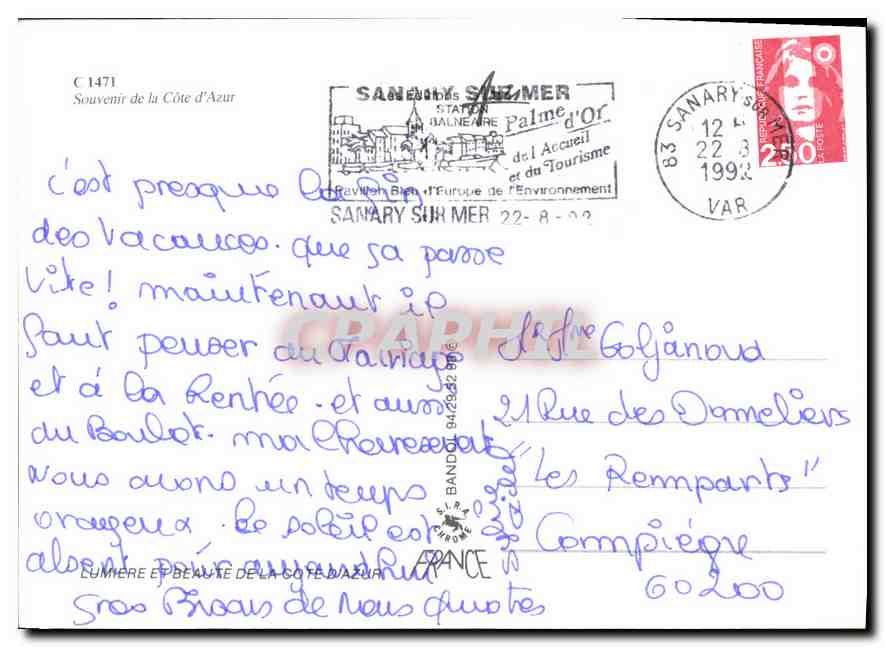 CPM Souvenir de la Cote d'Azur Sanary Toulon St Mandrier Iles des Embiez Le Brusc — Rückseite