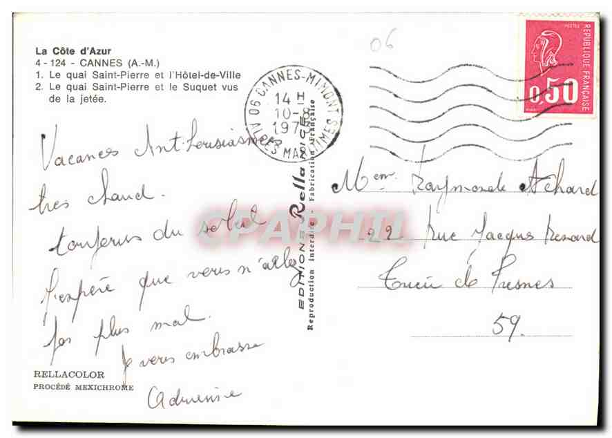 CPM La Cote d'Azur Cannes A M le quai Saint Pierre et l'hotel de ville le quai Saint Pierre et le Su — Rückseite