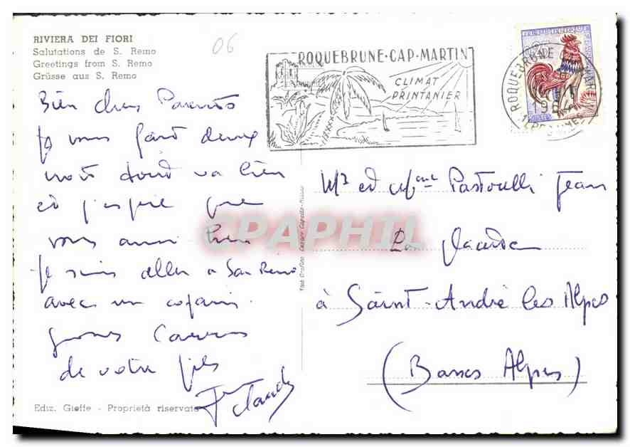 CPA Riviera dei Flori Salutations de S Remo  — Verso