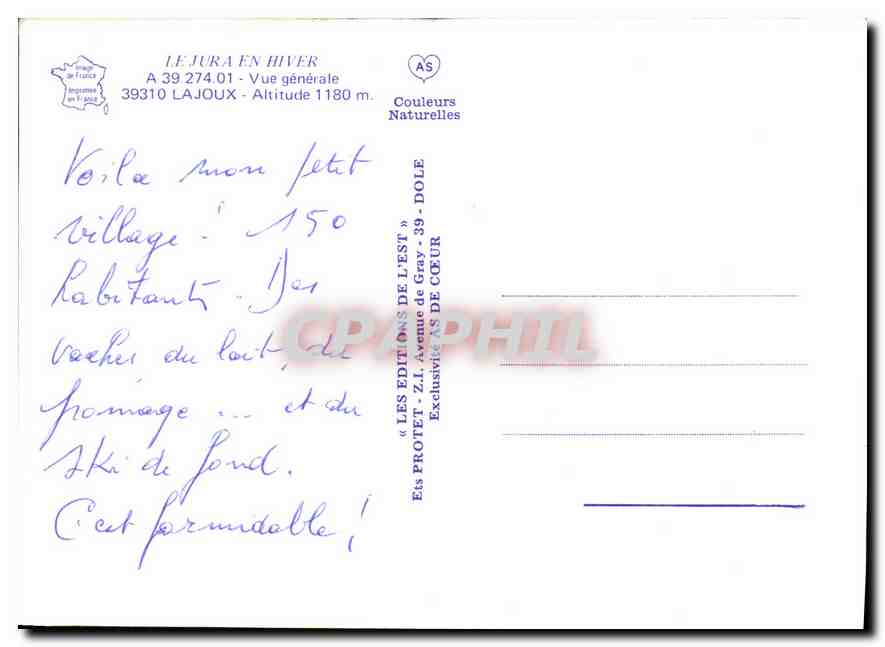 CPA Le Jura en Hiver vue generale Lajoux DCVM29 — Verso