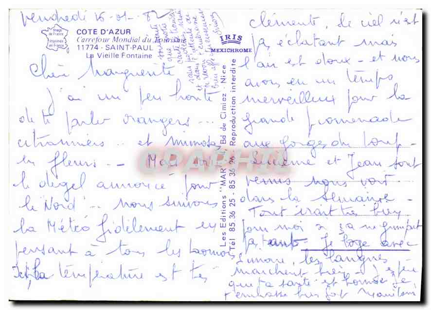 CPA Cote d'Azur Carrefour Mondial Saint Paul La Vieille Fontaine  — Rückseite