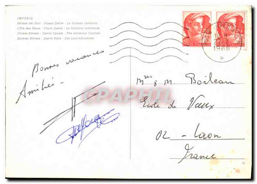 CPM Imperia Cote des fleurs Place Dante la fontaine  — Verso
