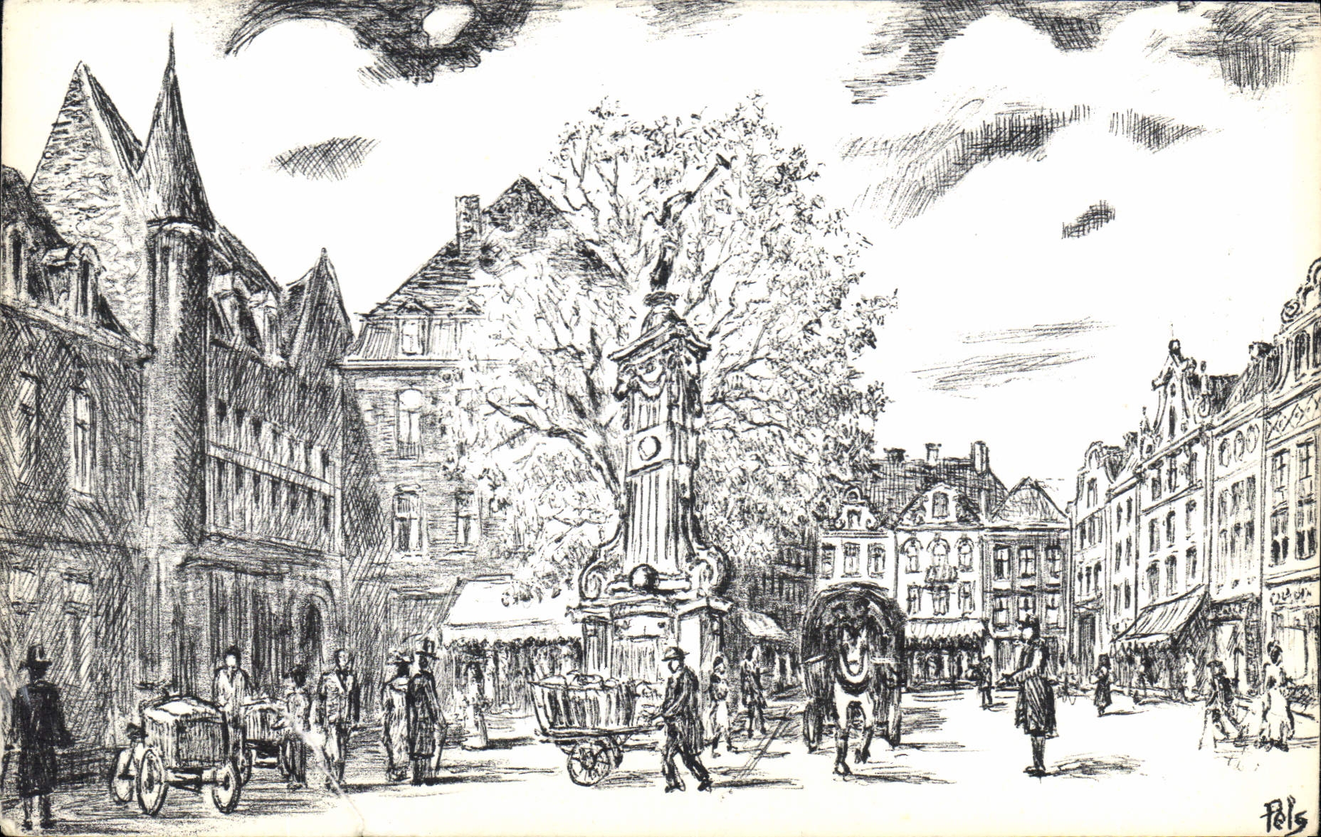 Namur — Fontaine de l'Ange (1790) et centre de la ville — dessin de Pels