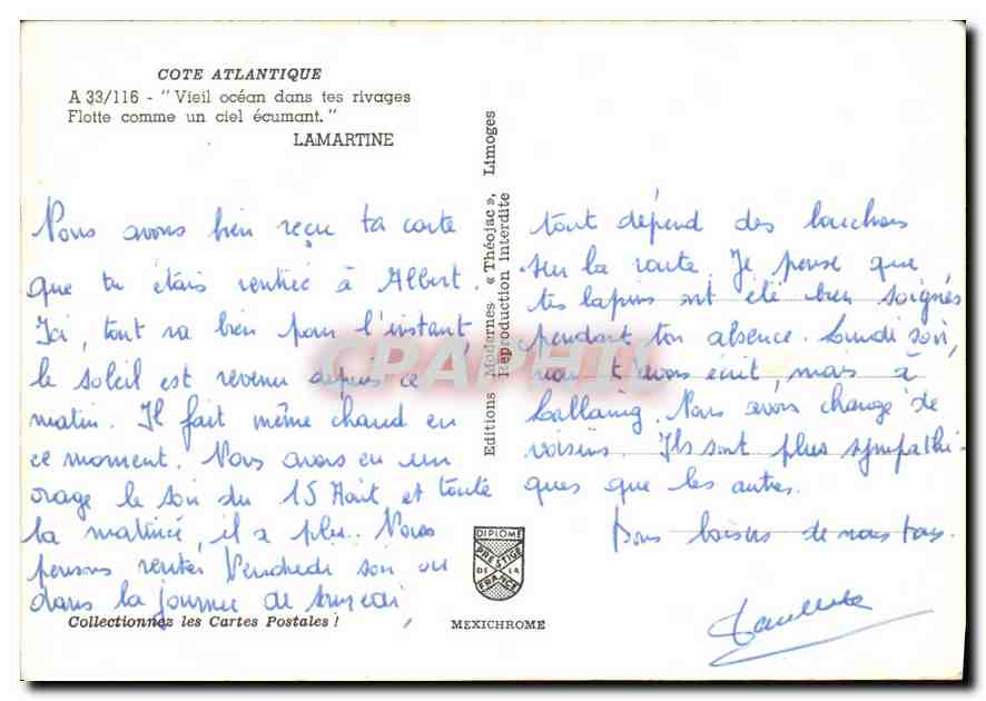 CPM Cote Atlantique Vieil ocean dans tes rivages Flotte comme un ciel ecumant  — Verso