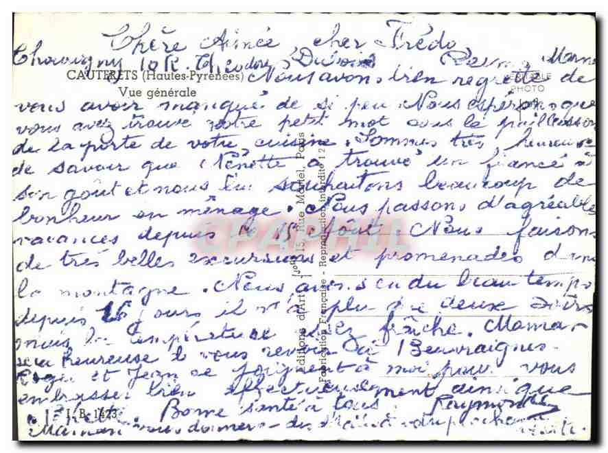 Cauterets (Hautes-Pyrénées) — Vue générale — Éditions Françaises, n° 1633 — Verso