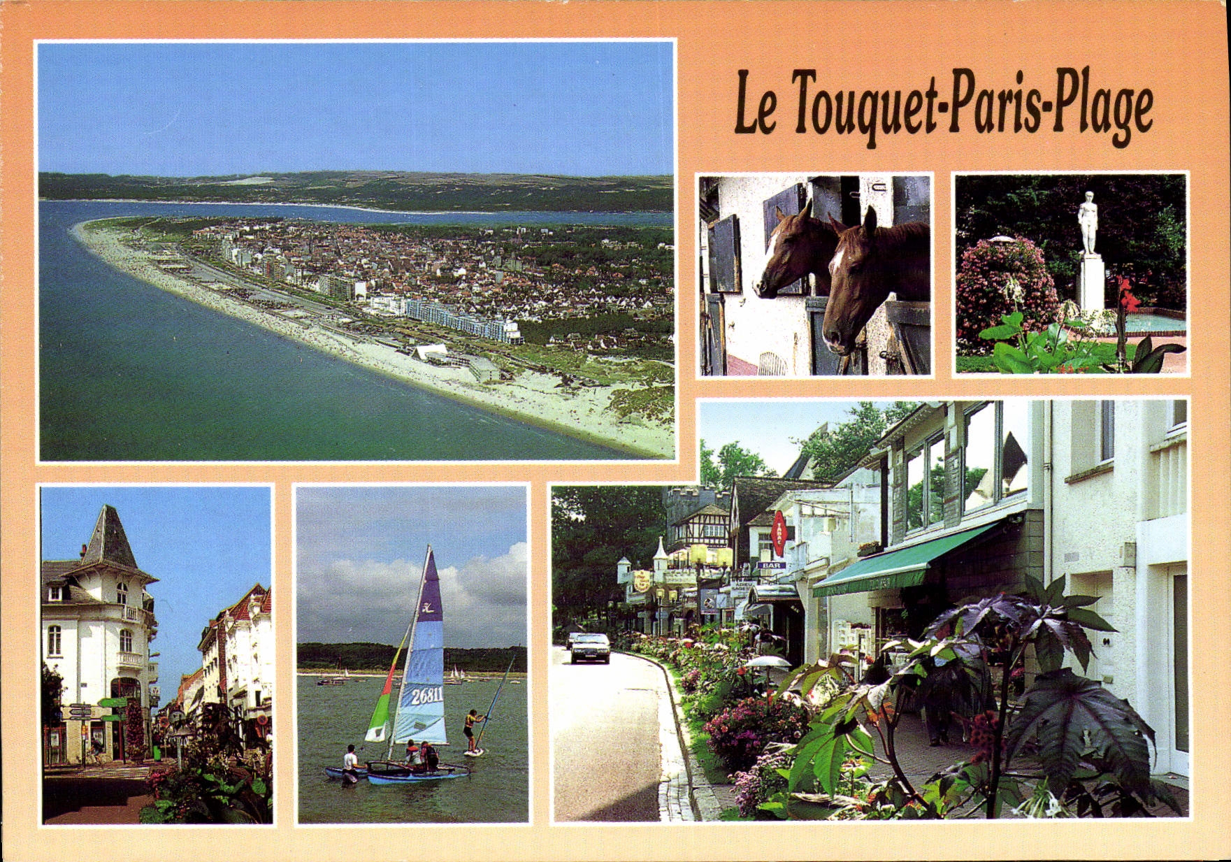 Le Touquet-Paris-Plage — luftige Ansicht, Pferde, Segel, Architektur — Verlag Artaud, Nr. R 36