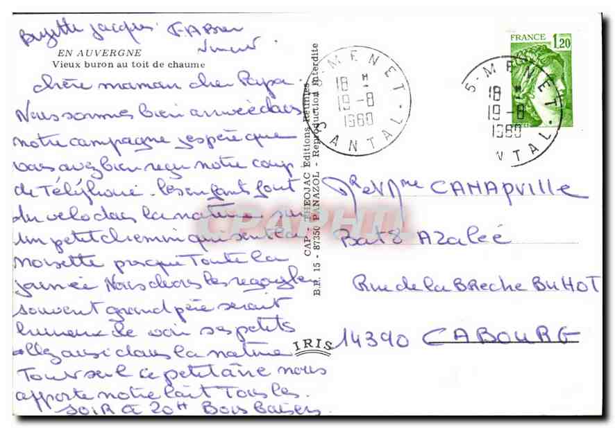 CPM En Auvergne Vieux buron au toit de chaume Ane Mule Folklore — Verso