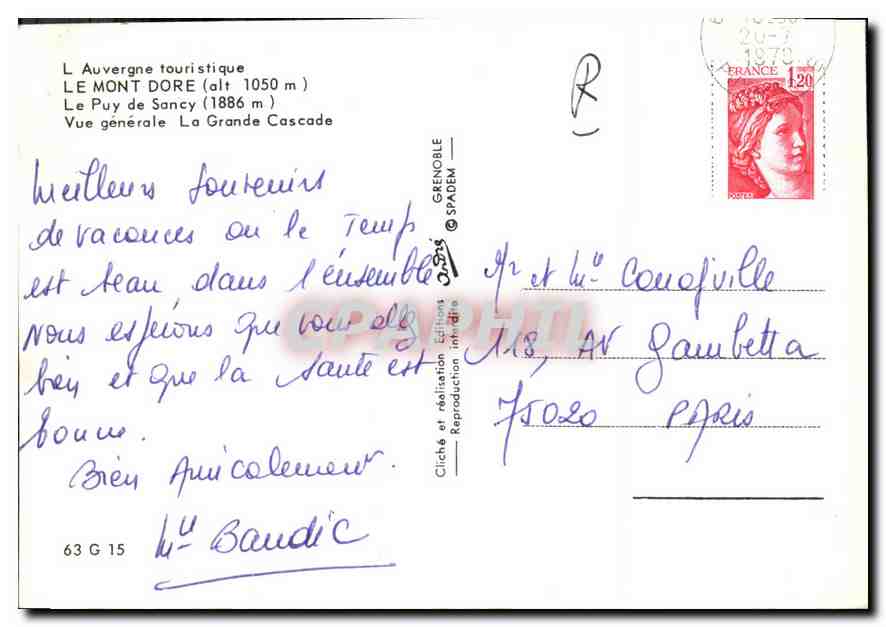 CPM L'Auvergne touristique le Mont Dore le puy de Sancy vue generale la grande Cascade  — Verso