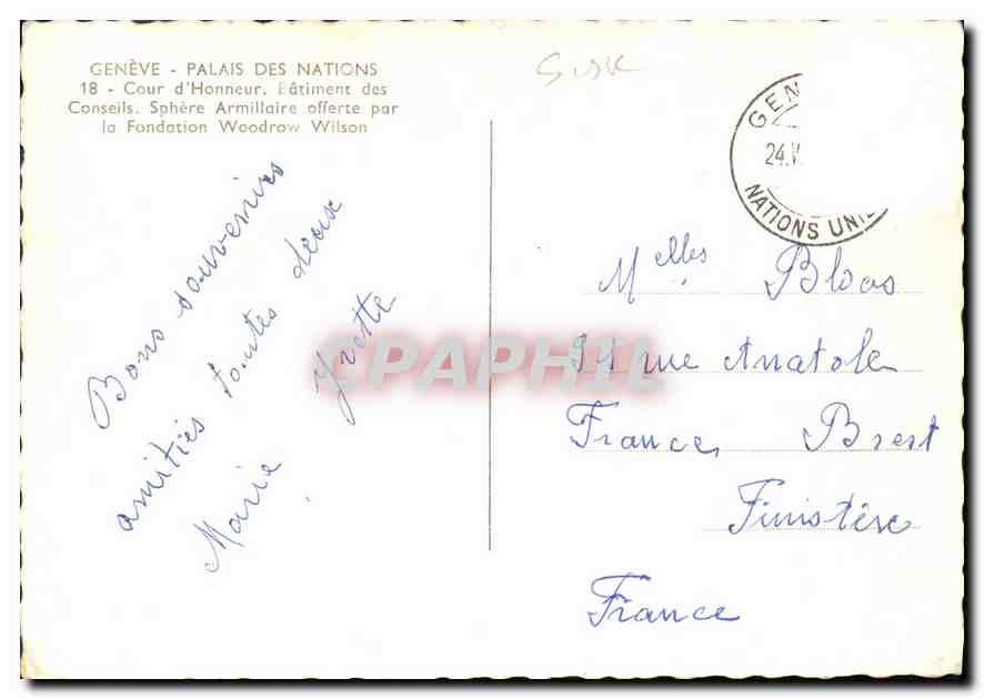 CPM Geneve Palais des Nations Cour d'Honneur Eatiment des Conseils Sphere Armillaire offerte par la  — Verso
