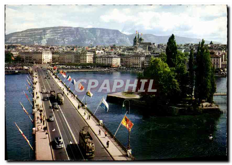 CPM Geneve L'Ile J J Rousseau et le Pont du Mont Blanc 