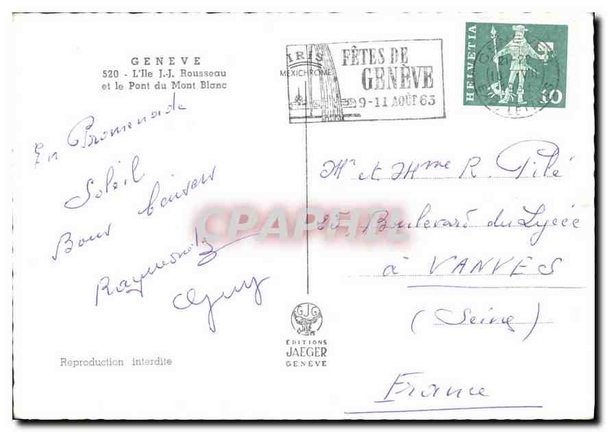 CPM Geneve L'Ile J J Rousseau et le Pont du Mont Blanc  — Verso