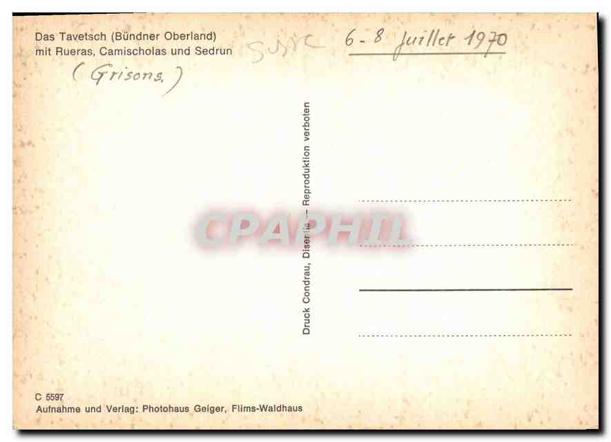 CPM Das Tavetsch Bundner Oberland mit Rueras Camischolas und Sedrun  — Rückseite