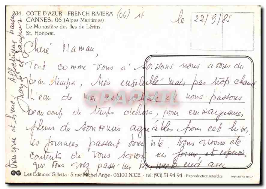 CPM Cote d'Azur French Riviera Cannes Alpes Maritimes le Monastere des Iles de Lerins St Honorat  — Verso