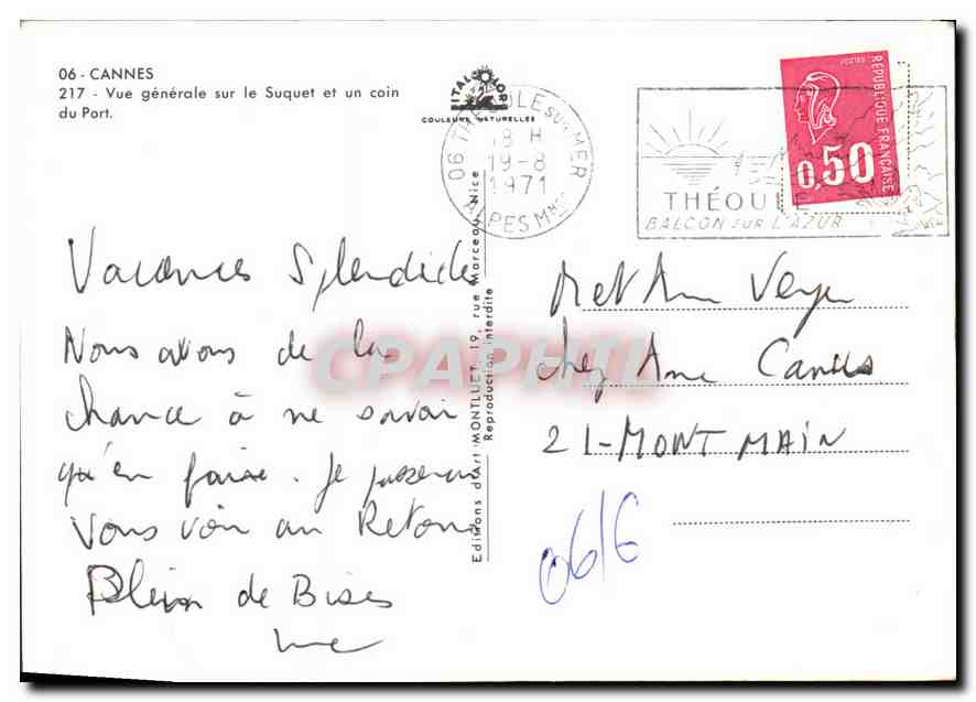 Cannes — Vue générale sur le Suquet et un coin du Port — Éditions d'Art Montillet, n°217 — Verso