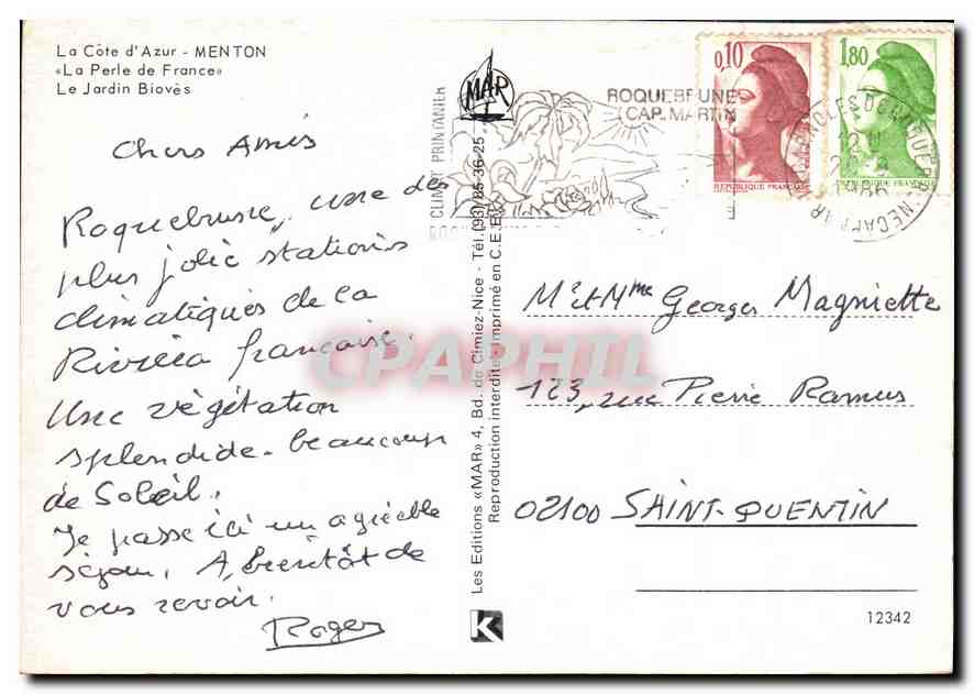 CPM La Cote d'Azur Menton la perle de Frances le jatdin Boives  — Rückseite