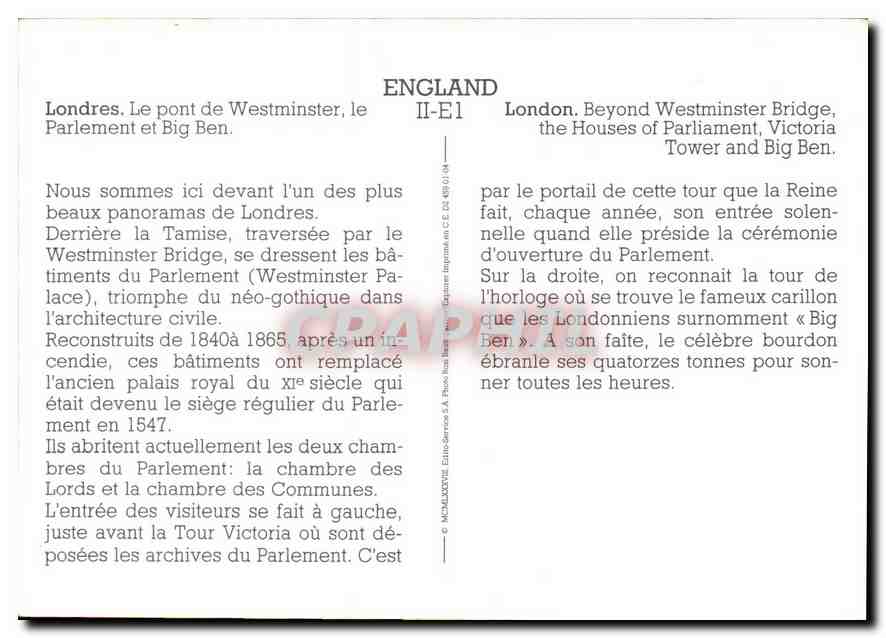 CPM Londres le pont de Westminster le Parlement en Big Ben  — Verso