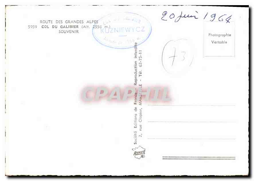 CPM Route des grandes Alpes col du Galibier Souvenir  — Verso