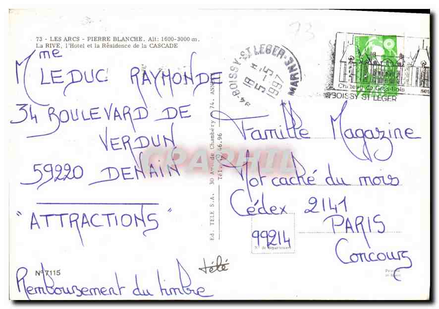 CPM Les Arcs Pierre Blanche La Rive l'Hotel et la Residence de la Cascade  — Rückseite