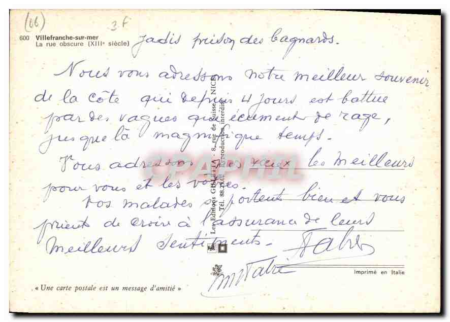 CPM Villefranche sur Mer la rue obscure XIII siecle  — Rückseite