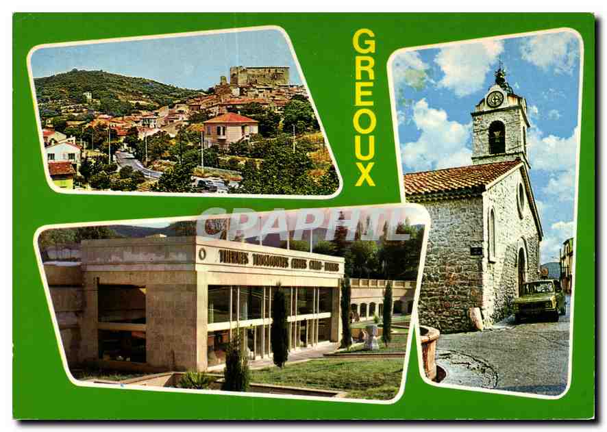 Greoux-les-Bains — Panoramablick, Kirche und modernes Gebäude — Graphaphtel