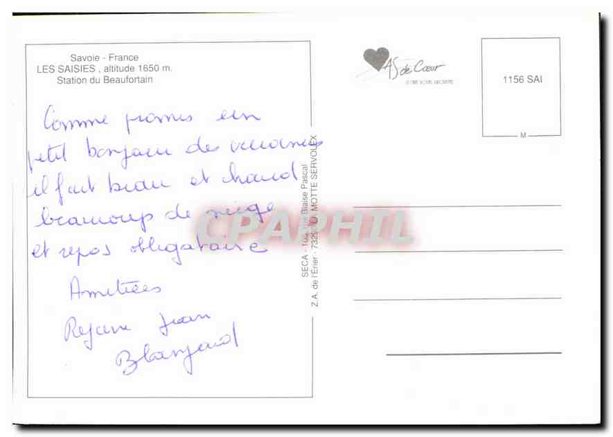 Les Saisies — Station du Beaufortain — éditeur AS de Cœur, n° 1156 SAI — Reverso