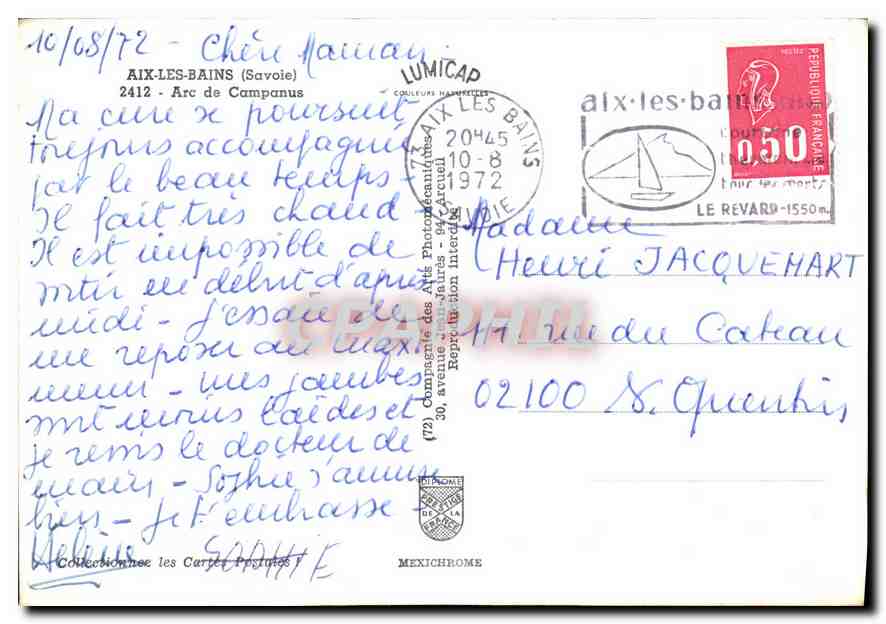 CPM Aix les Bains Savoie Arc de Campanus  — Verso