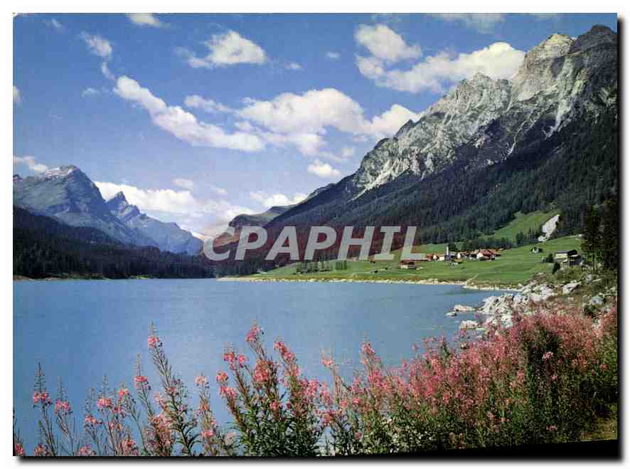 CPM Sufers Gr mit Stausee an der San Bernardinostrasse mit Guffernull Einshorn und Kalkberge 