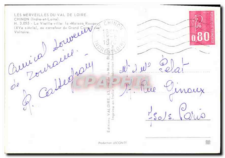 CPM Les Merveilles du Val de Loire Chinon Indre et Loire la vieille ville la Maison rouge  — Rückseite