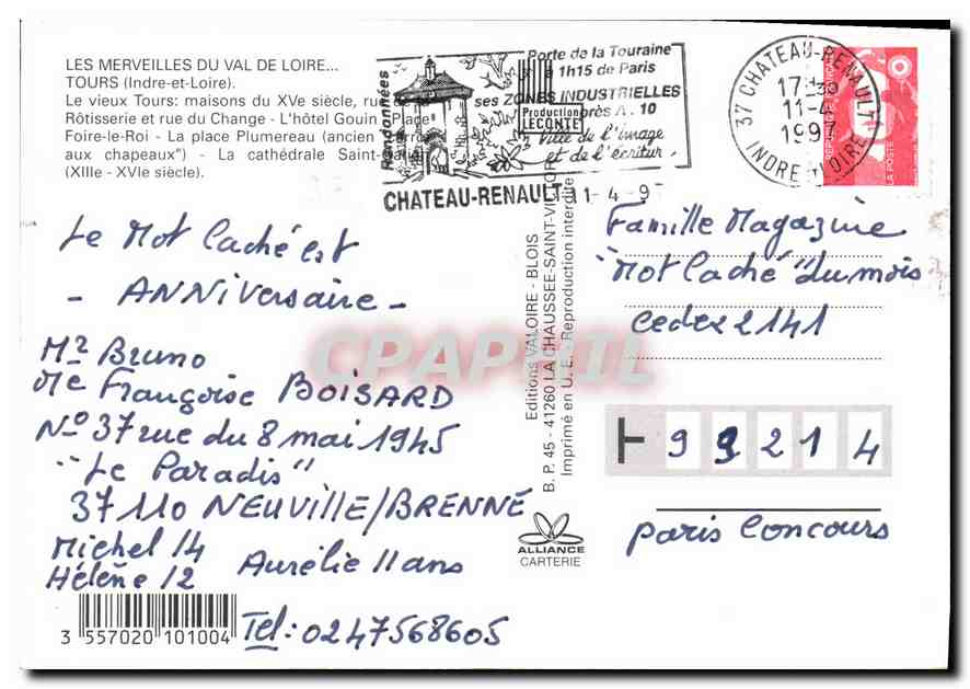 CPM les Merveilles du Val de Loire Tours Indre et Loire le Vieux Tours maisons du XV siecle rue de l — Rückseite